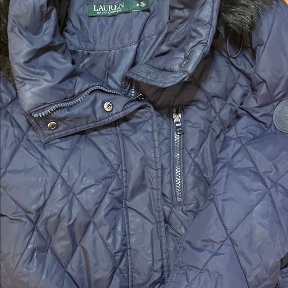 RALPH LAUREN Lauren Women's Belted Navy Quilted Winter Coat w/ Faux Fur Trim - Picture 8 of 16